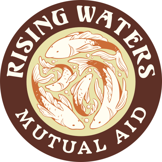 The Rising Waters Mutual Aid seal depicting a school of koi fish